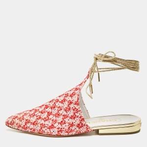 Chanel Red/Pink Sequin and Tweed Ankle Wrap Flat Mules Size 36.5