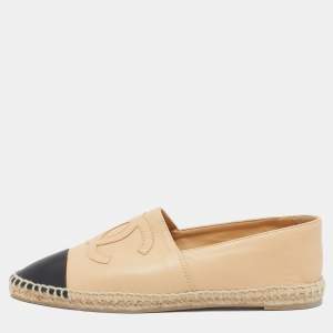 Chanel Beige/Black Leather  CC Cap Toe Espadrille Flats Size 38
