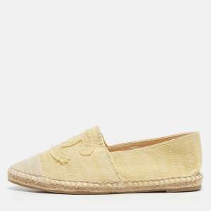 Pre Owned Chanel Yellow/Beige Canvas CC Cap Toe Espadrille Flats Size 37
