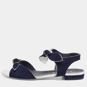 Chanel Navy Blue/Silver Suede Flat Sandals Size 36