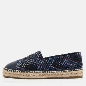Chanel Navy Blue Tweed and Leather CC Cap Toe Espadrille Flats Size 41