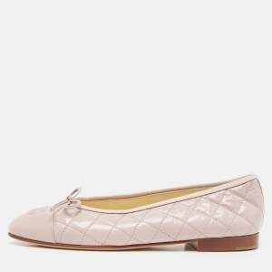 Pre Owned Chanel Beige Leather CC Cap Toe  Ballet Flats Size 39