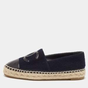 Chanel Navy Blue/Black Leather and Tweed CC Espadrille Flats Size 36