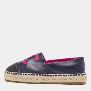Chanel Black/Navy Blue Leather CC Cap Toe Espadrille Flats Size 36