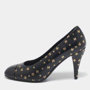 Chanel Black Patent and Leather CC Cap Toe Pumps Size 37.5