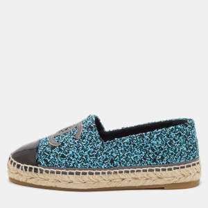 Chanel Blue/Black Tweed and Patent Leather CC Cap Toe Espadrille Flats Size 37