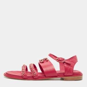 Chanel Red Leather CC Chain Detail Ankle Strap Sandals Size 38.5