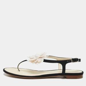 Chanel Black/White Canvas and  Leather CC Camellia Flat Thong Sandals Size 37