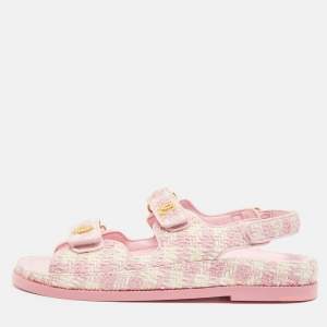 Pre Owned Chanel Cream/Pink Tweed Fabric Dad Sandals Size 40
