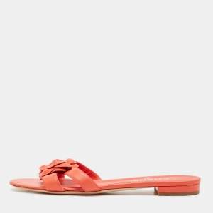 Chanel Burnt Orange Leather CC Camellia Open Toe Flat Slides Size 39