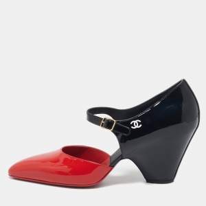 Chanel Red/Black Patent Leather Mary Jane Wedge Pumps Size 41