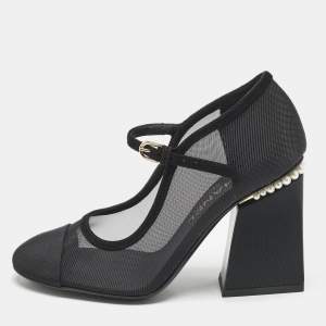 Pre Owned Chanel Black Lace and Suede Interlocking CC Logo Pumps Size 37