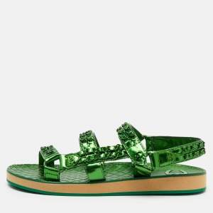 Chanel Green Metallic Leather CC Chain Link Flat Sandals Size 39