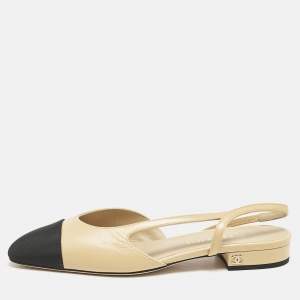 Chanel Beige/Black Leather and Grosgrain Cap Toe Slingback Flats Size 37