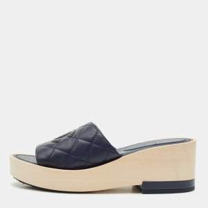 Chanel Blue/Black Quilted Leather CC Slide Sandals Size 40