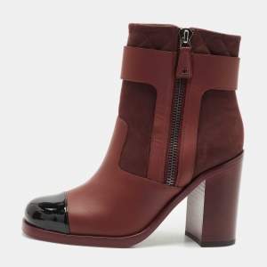 Chanel Burgundy Quilted Leather Cap Toe Block Heel Ankle Boots Size 39