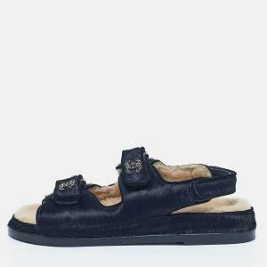 Chanel Navy Blue Calf Hair CC Dad Flat Sandals Size 39.5