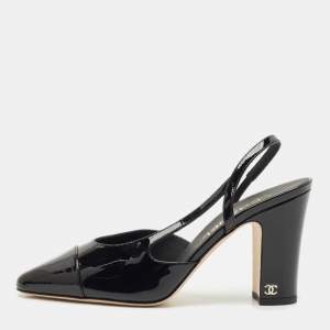Pre Owned Chanel Black Patent Leather Cap Toe Slingback Pumps Size 39