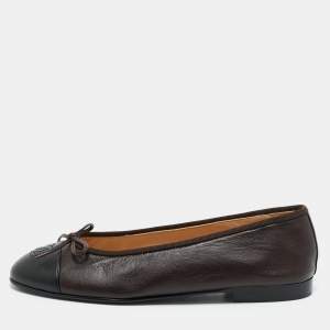 Chanel Black/Brown Leather CC Cap Toe Bow Ballet Flats Size 38