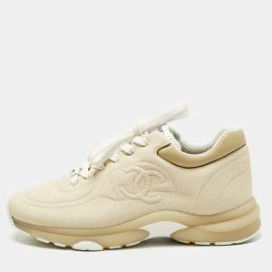 Chanel Cream Canvas CC Low Top Sneakers Size 39
