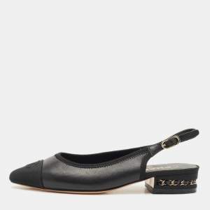 Chanel Black Leather and Canvas CC Cap Toe Slingback Flat Sandals Size 36