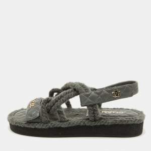 Chanel Grey Leather and Rope Dad Ankle Strap Sandals Size 38