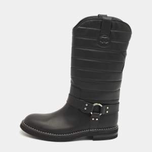 Chanel Black Nylon and Leather CC Logo Star Biker Boots Size 40