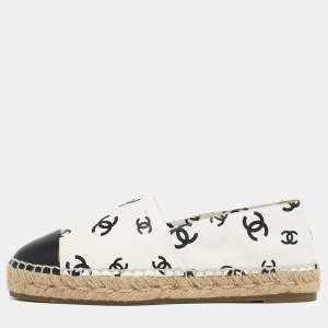 Pre Owned Chanel Cream/Black Leather CC Cap Toe Espadrille Flats Size 37
