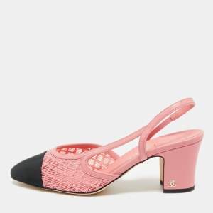 Chanel Pink/Black Leather and Grosgrain Cap Toe Slingback Pumps Size 37.5