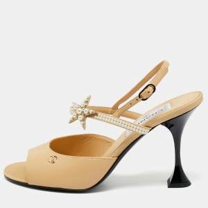 Pre Owned Chanel Beige Leather and Canvas Ankle Strap Sandals Size 37.5