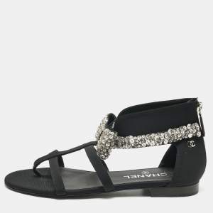 Chanel Black Canvas Crystal Embellished Bow Flat Sandals Size 39.5