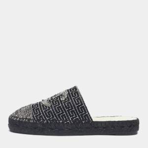 Pre Owned Chanel Black/White Tweed CC Espadrille Mules  Size 36