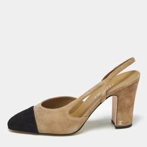 Pre Owned Chanel Beige/Black Suede CC Cap Toe Slingback Pumps Size 40