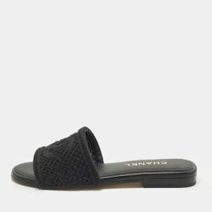 Pre Owned Chanel CC Size 38 Black Crochet Flat Slides