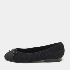 Pre Owned Chanel CC Size 36 Black Canvas and Tweed Bow Cap Toe Ballet Flats