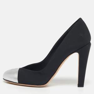 Pre Owned Chanel CC Size 36 Black/Silver Grosgrain and Leather Cap Toe Pumps