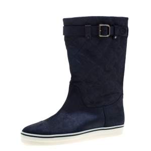 Chanel Blue Textured Quilted Leather Mid Calf Boots Size 38