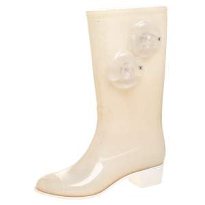 Chanel Cream Glitter Rubber CC Camellia Rain Boots Size 37
