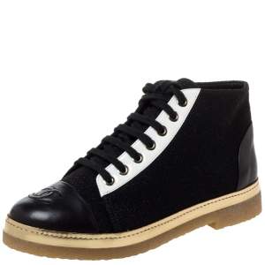Chanel Black/Gold Lame Fabric Leather CC Cap Toe Ankle Boots Size 36