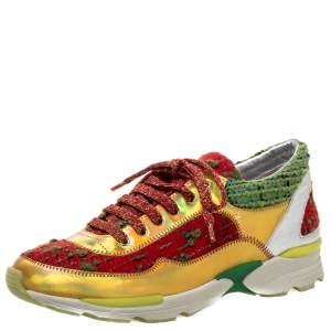 Pre Owned Chanel Multicolor Tweed, Suede and Metallic Leather Lace Up Sneakers Size 38.5