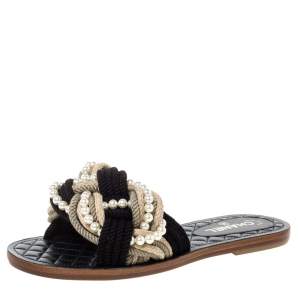 Pre Owned Chanel Two Tone Rope With Faux Pearls Cuba Flat Slide Size 41