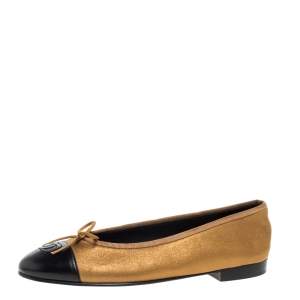 Pre Owned Chanel Gold/Black Leather Bow CC Cap Toe Ballet Flats Size 38.5