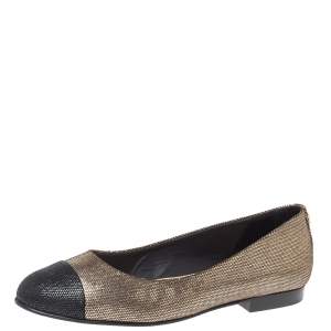 Pre Owned Chanel Black/Gold Foiled Suede Crystal CC Cap Toe Ballet Flats Size 39