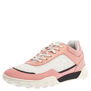 Pre Owned Chanel Pink/White Satin, Mesh and Leather CC Sneakers Size 38.5