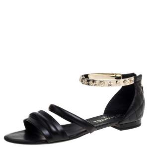 Pre Owned Chanel Black Quilted Leather Embellished Ankle Cuff Flat Sandals Size 39