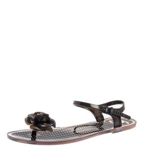 Pre Owned Chanel Black/White Jelly Camellia Flower Ankle Strap Sandals Size 41