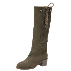 Chanel Green Suede Embroidered Tassel Knee Length Block Heel Boots Size 39