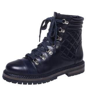Chanel Blue Quilted Leather CC Lace Up Combat Boots Size 40