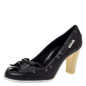 Pre Owned Chanel Black Leather Loafer Block Heel Pumps Size 37