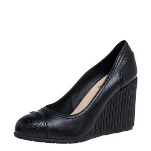Pre Owned Chanel Black Leather Wedge Cap Toe Pumps Size 38.5